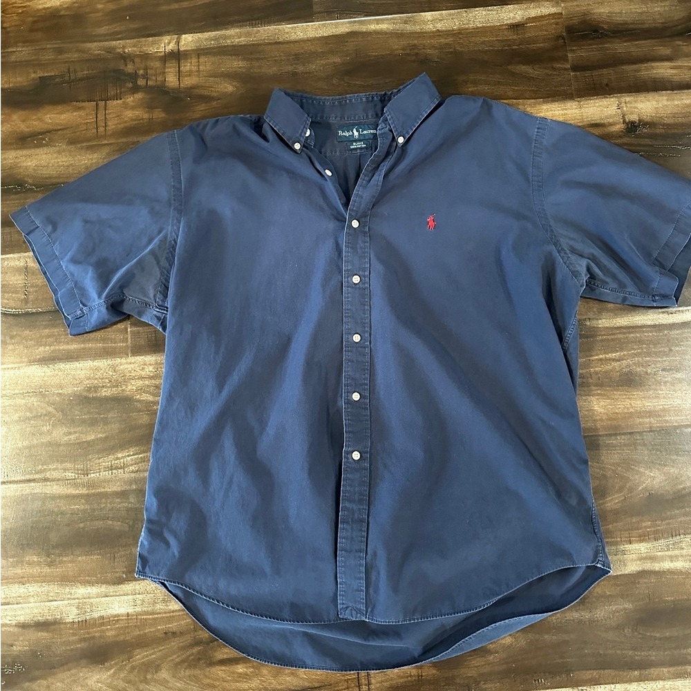 Ralph Lauren Blake Shirt Mens XL Navy Blue Short Sleeve Cotton Button Down